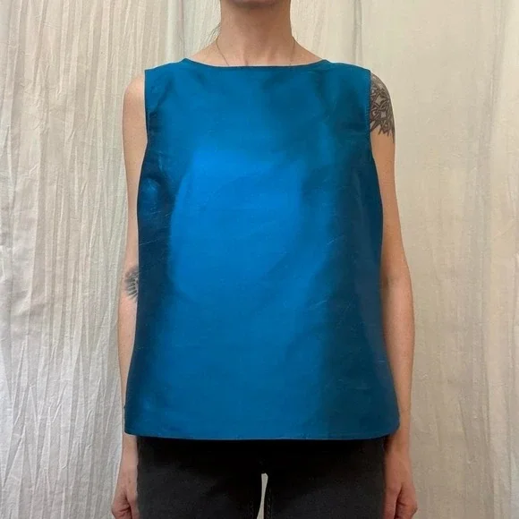 Electric Blue Silk Sleeveless Blouse VTG Y2K Silk Lore Beth Terrell M/L Fitted - Picture 2 of 7